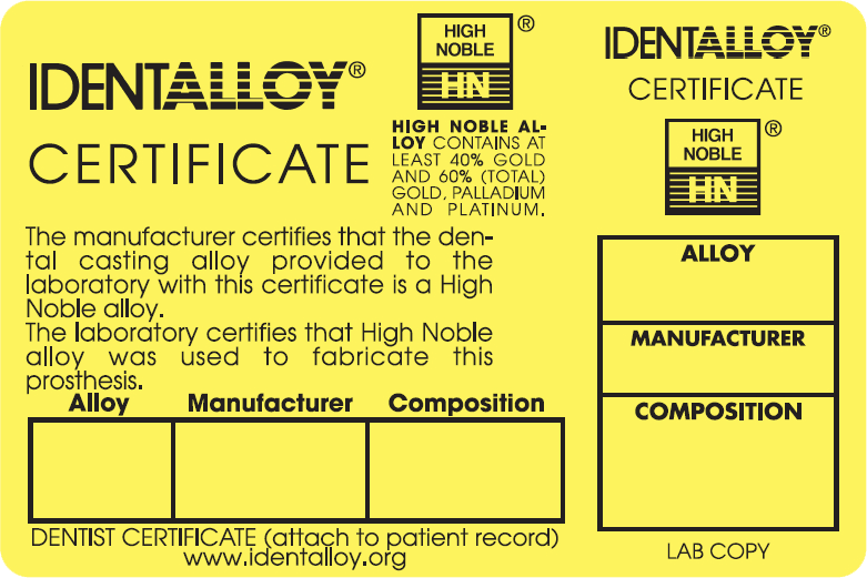 Identalloy Certificate