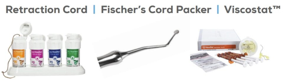 Detailed view of a Retraction cord, Fischer’s cord packer, and Viscostat™ instruments